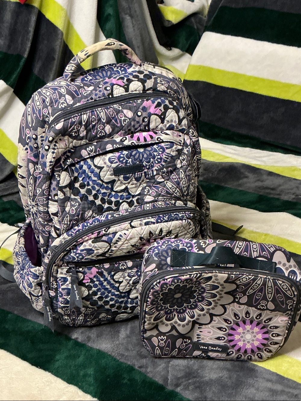 Vera Bradley Quilted Paisley Backpack and Cosmetic Case in Purple and Cream - Picture 1 of 16